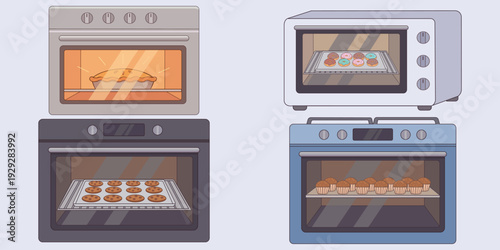 Culinary Appliance Array: a cluster of different oven styles, each illuminating the promise of delectable, homemade food preparation.