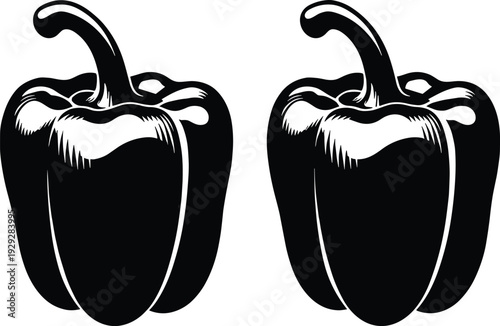 Two Bell Pepper Vector Icon Set Featuring Black Stylized Silhouettes With High Contrast Highlights For Culinary Arts Healthy Eating Recipes And Grocery Store Branding