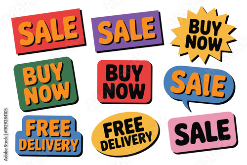 A colorful collection of sale and buy now stickers for advertising