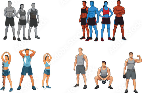 Vector Illustration Set of Athletic Men and Women Performing Fitness Exercises Bodybuilding Squats and Stretching Poses for Gym Training Health Wellness and Sports Coaching Projects