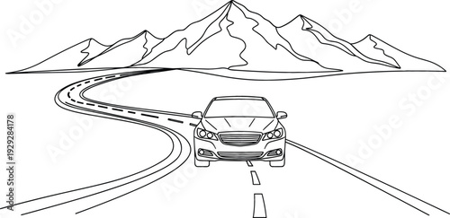 Modern sedan driving on winding mountain road with peaks in background minimalist continuous line art vector illustration.