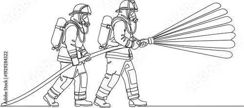 Two brave firefighters in full protective gear and gas masks spraying water from hose line art vector illustration