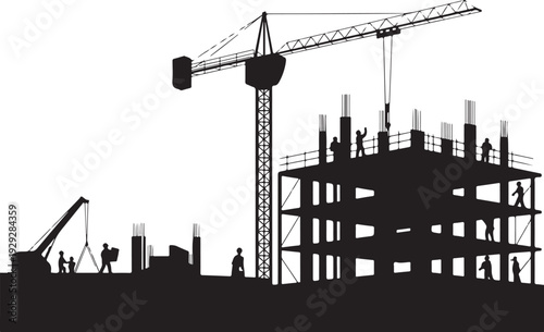 Black silhouette construction site with crane and building