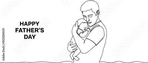 Happy Father's Day greeting card with continuous line art of young dad hugging newborn baby minimalist vector illustration.