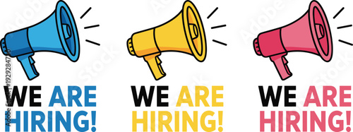 Colorful megaphones with we are hiring text loudspeaker recruitment