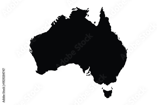 A striking black silhouette outlines the continent and islands of Australia