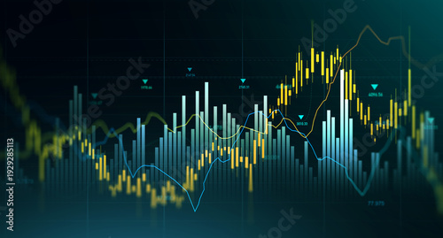 Stock market chart with candlestick bars and rising trend line. Digital finance background showing trading, investment growth, profit analysis and economic data.	
