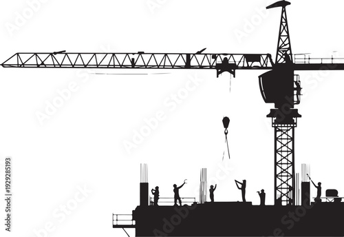 Black silhouette construction site with crane and workers
