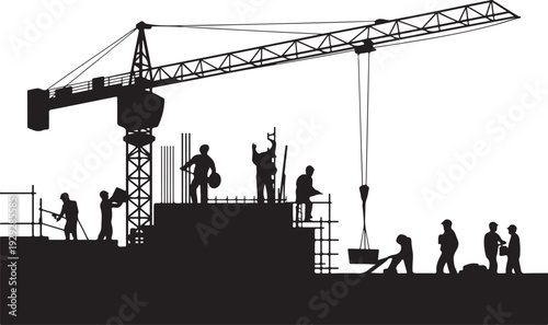 Black silhouette construction site with crane and workers