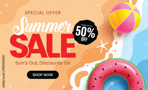 Summer sale vector design. Summer sale save up to 50% off text special promo offer for holiday season on tropical beach top view with watermelon and beach ball elements. Vector illustration. 
