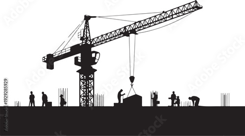 Black silhouette construction site with crane and workers