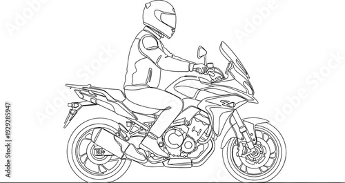 Side view of biker riding sport touring motorcycle wearing full safety gear and helmet minimalist line art vector.
