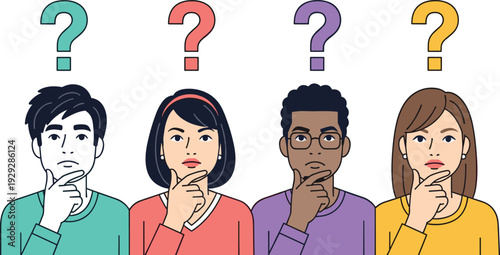 Four people thinking with question marks above heads puzzled confused