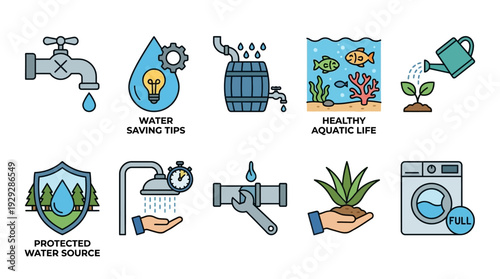 Water Conservation Icons, Saving Tips Management Symbols, Environment Sustainability Ecology, Flat Outline Colorful Vector, Isolated Set
