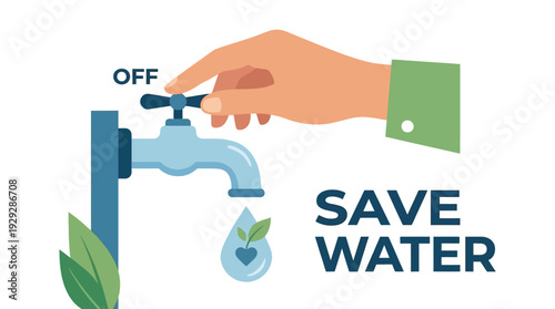 Hand shutting off faucet, water drop with heart and leaf, water conservation and ecology concept, flat vector illustration, isolated on white.