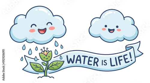 Happy Clouds Plant, Raining Water, Life Banner, Ecology Sustainability, Cute Cartoon Outline, Vector Illustration.
