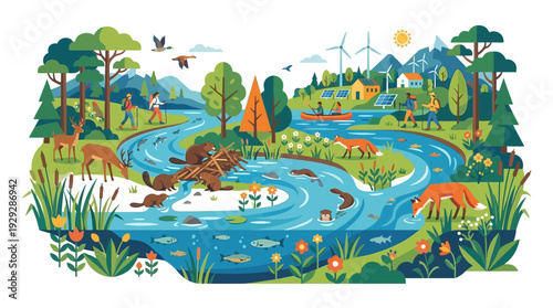 Diverse Ecosystem Illustration featuring wildlife, hikers, kayakers, solar & wind power, promoting environmental conservation and sustainable living in a vibrant flat vector art style.