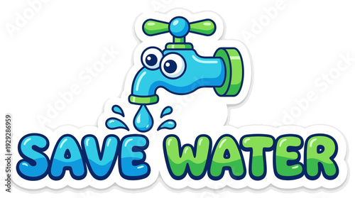 Cartoon Faucet and Save Water Text dripping water with cute eyes for ecology, environment, and conservation in a vibrant, glossy, bubbly vector style isolated sticker illustration.