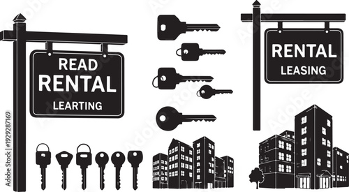Rental property and leasing concept with keys and buildings