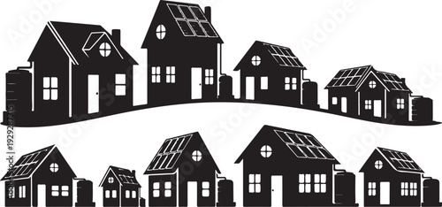 Black and white illustration of a suburban neighborhood scene