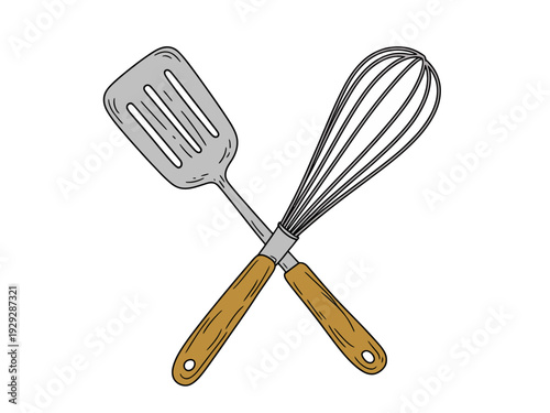 Crossed kitchen spatula and whisk with wooden handles white background utensil cooking