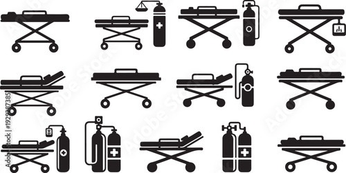 Medical equipment and hospital stretcher icons on white background