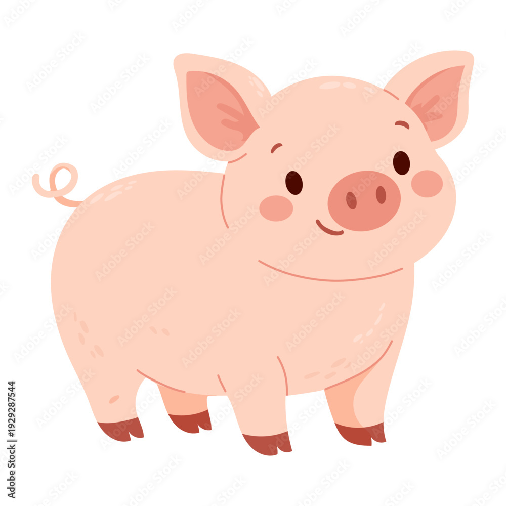 Fototapeta premium Vector illustration of cute pig. Cartoon character of farm animal. Concept for kids print, children book, educational cards and patterns.