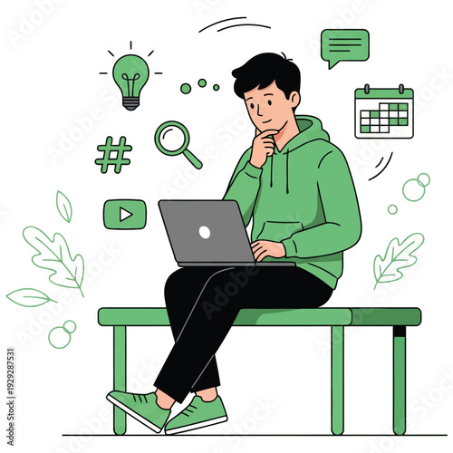Content Creator Looking for Content Ideas – Flat Vector Illustration on White Background