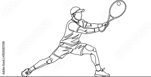 Continuous line drawing of a male tennis player hitting a backhand shot for sports competition and fitness lifestyle.