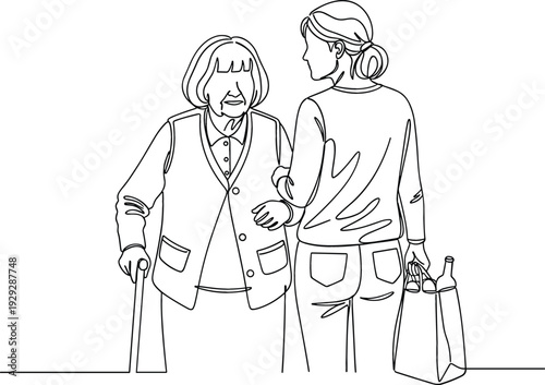 Young woman assisting an elderly lady with walking and carrying groceries for senior care and community support concept