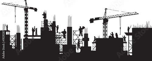 Black silhouette construction site with cranes and workers