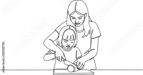 Mother and daughter cooking together in kitchen continuous line drawing for family bonding parenting and healthy lifestyle education.