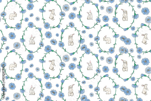 Blue watercolor seamless pattern with bunnies and flowers. Rabbit seamless pattern. Easter pattern. Hand-drawn baby wallpaper. 
