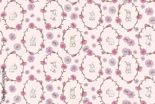 Pink watercolor seamless pattern with bunnies and flowers. Rabbit seamless pattern. Easter pattern. Hand-drawn baby wallpaper. 