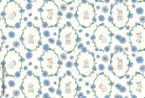 Watercolor seamless pattern with bunnies and blue flowers. Rabbit seamless pattern. Easter pattern. Hand-drawn baby wallpaper. 