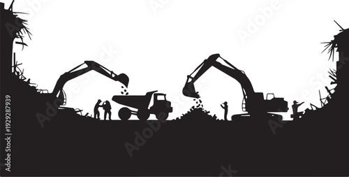 Black silhouette construction site with excavators and workers
