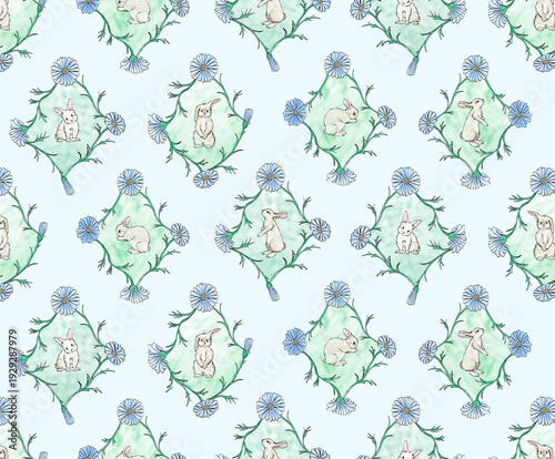 Watercolor seamless pattern with bunnies and flowers. Rabbit seamless pattern. Spring pattern. Hand-drawn baby wallpaper. 