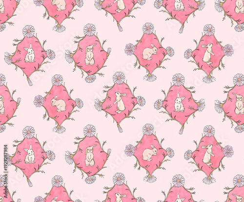 Watercolor seamless pattern with bunnies and flowers. Rabbit seamless pattern. Easter pattern. Hand-drawn baby wallpaper. 