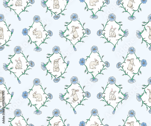Watercolor seamless pattern with bunnies and flowers. Rabbit seamless pattern. Easter and spring pattern. Hand-drawn baby wallpaper. 