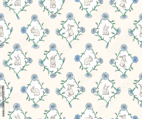 Watercolor seamless pattern with bunnies and blue flowers. Rabbit seamless pattern. Easter and spring pattern. Hand-drawn baby wallpaper. 