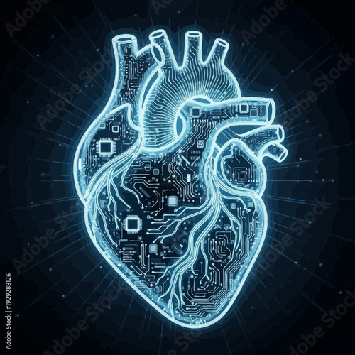 Abstract digital heart with circuits and glowing blue lines on a dark background representing technology and health