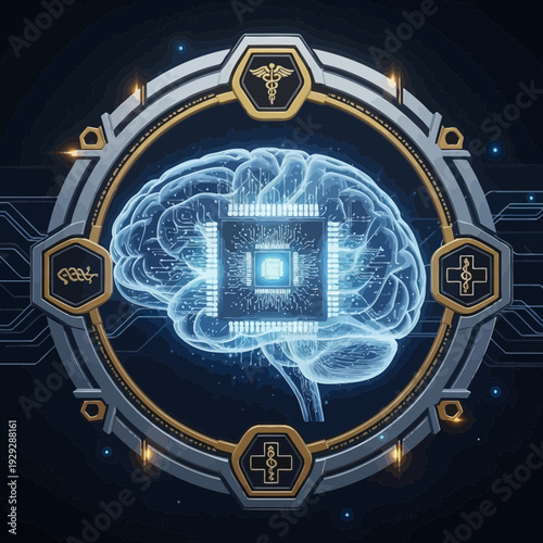 Digital Brain Hologram with Medical and Technological Icons - Futuristic Medical Technology Concept