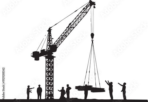 Black silhouette construction workers guiding crane with suspended beam