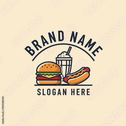 Fast Food Logo with Burger Hotdog Milkshake.