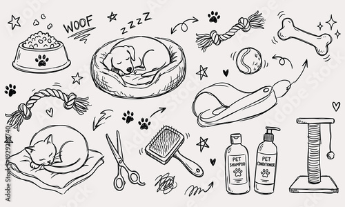Doodle Elements of Pet Care Toys and Animals