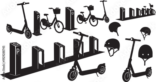 Electric scooters and bicycles with parking and helmets illustration