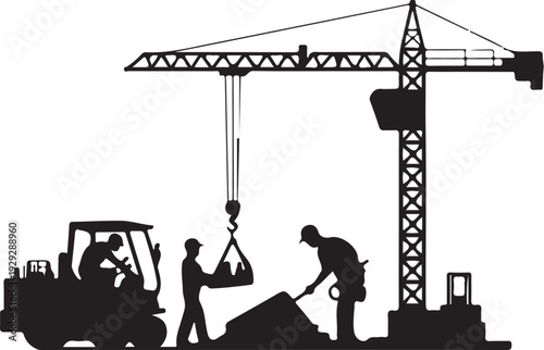 Black silhouette construction workers with crane and forklift