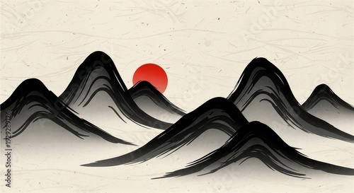 Mountain Range with Red Sun