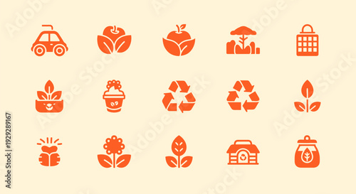 Collection of Orange Icons Representing Eco Friendly Concepts.