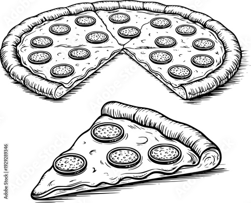 Hand Drawn Pepperoni Pizza Slice and Whole Pizza White Background food italian